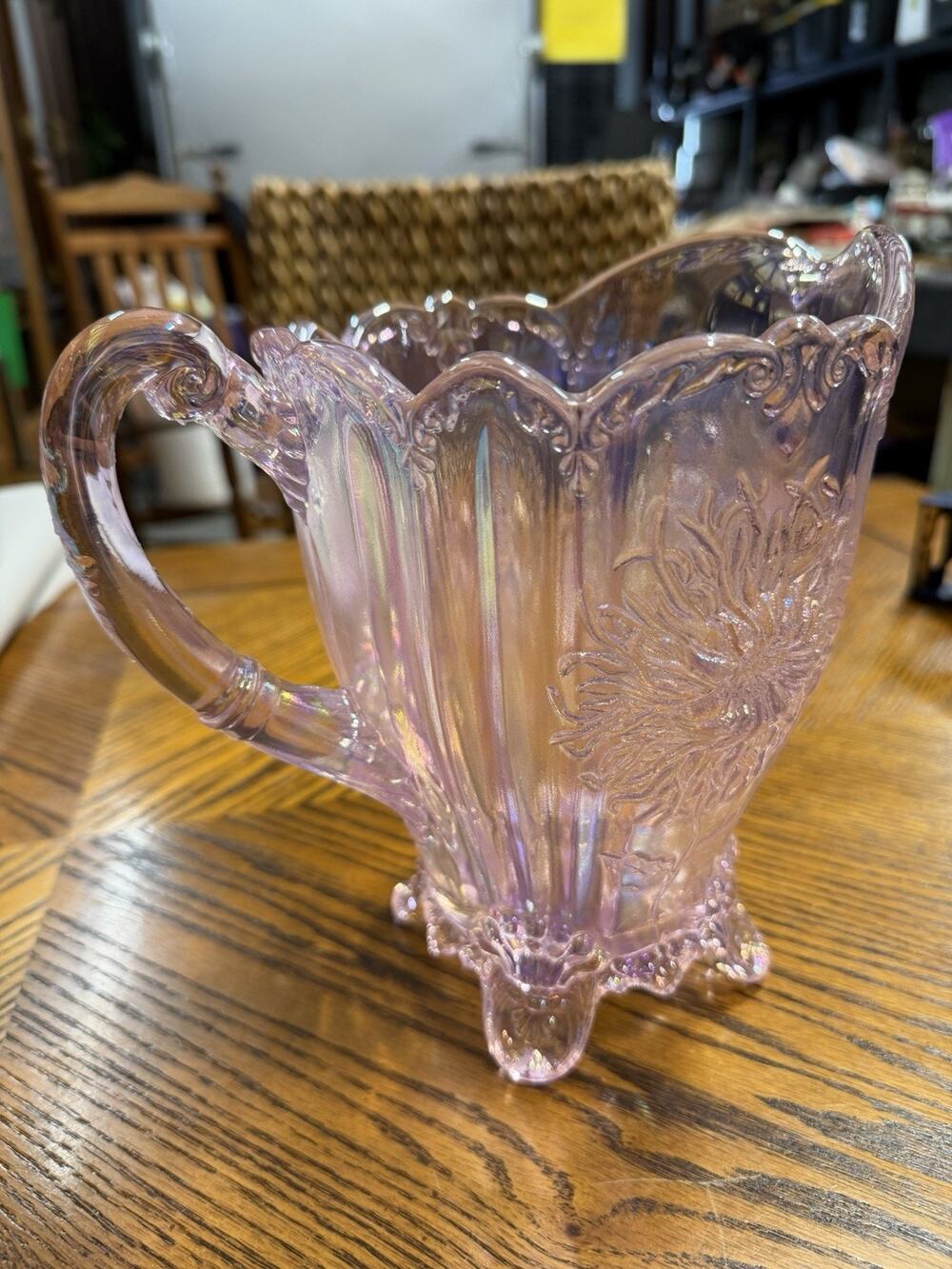 Mosser Carnival Glass Passion Pink Footed Dahlia Pitcher